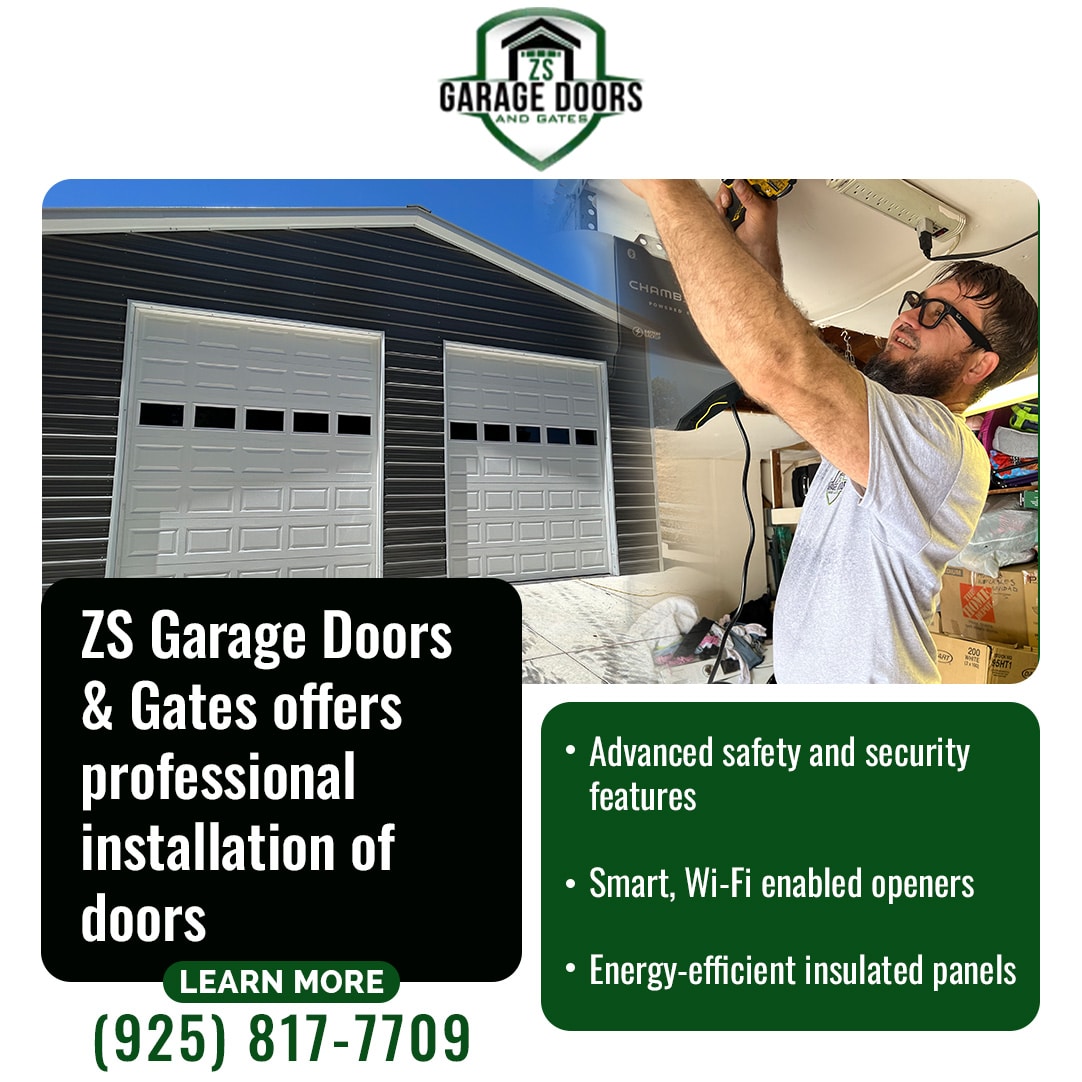 Promotional graphic for ZS Garage Doors & Gates promoting professional installation services, including advanced safety features, Smart Wi-Fi enabled openers, and energy-efficient insulated panels.
