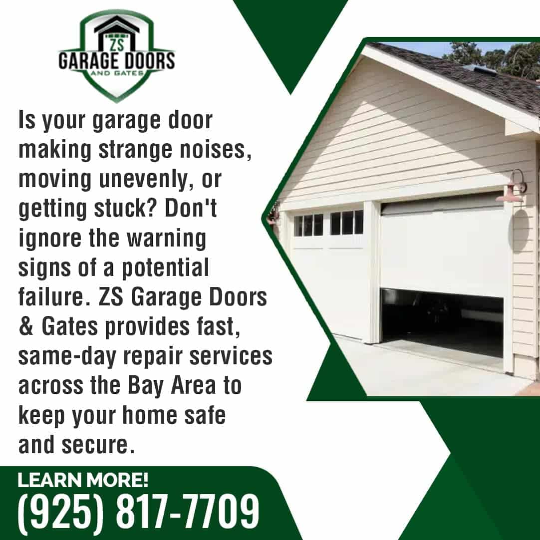 Partially open residential garage door with text promoting same-day repair services by ZS Garage Doors & Gates in the Bay Area.