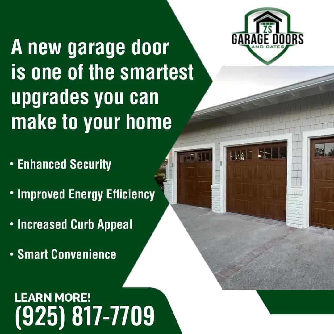 Three stylish wooden garage doors on a modern home exterior, promoting home upgrades for better security and energy efficiency.