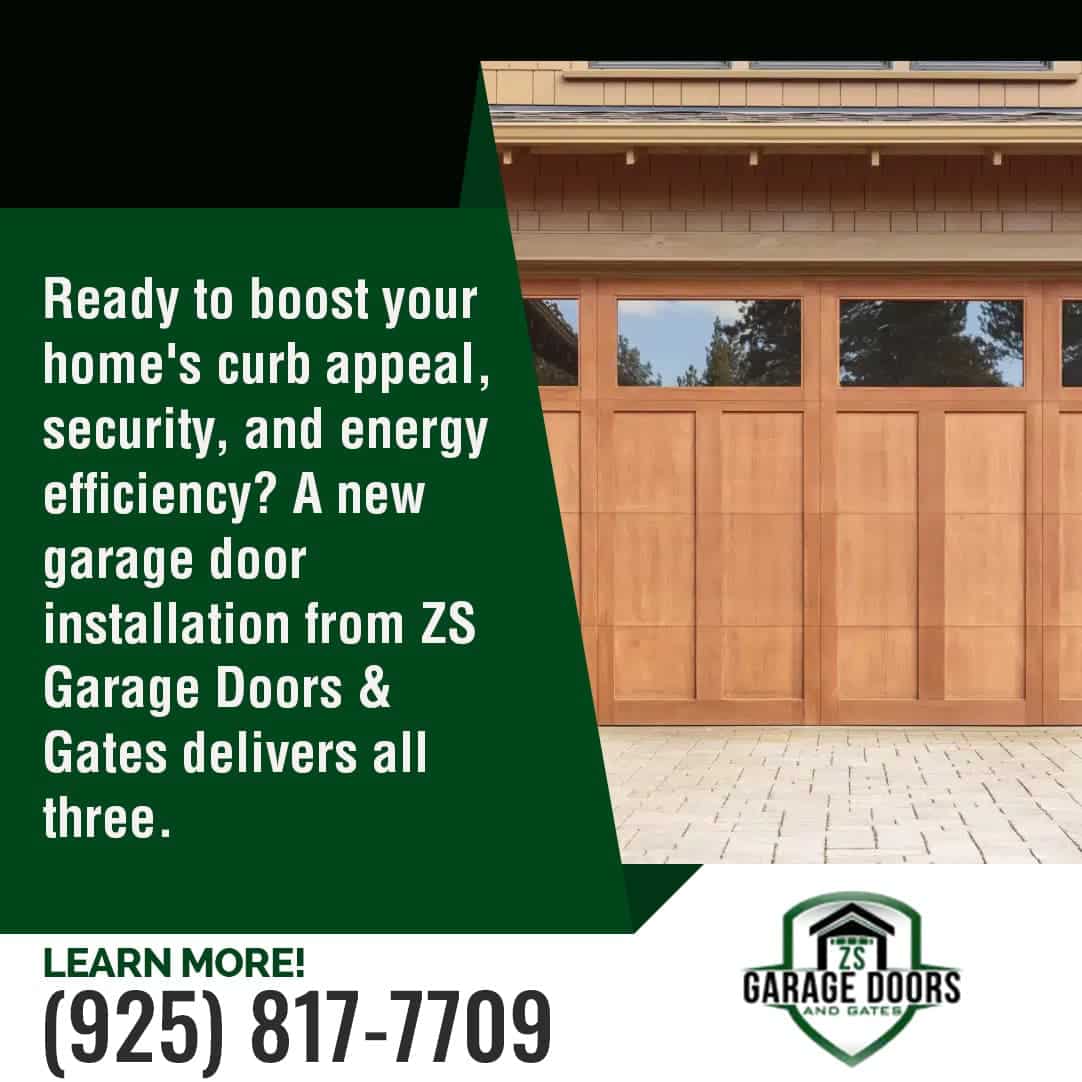 Advertisement for ZS Garage Doors & Gates featuring a wooden garage door and text promoting home curb appeal, security, and energy efficiency improvements.