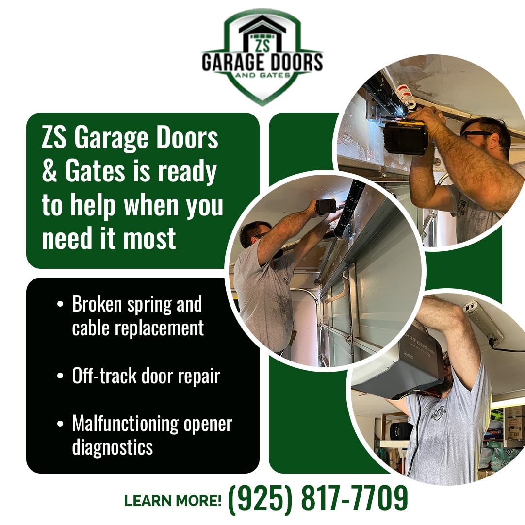 Promotional graphic for ZS Garage Doors & Gates listing expert repair services: broken spring and cable replacement, off-track door repair, and malfunctioning opener diagnostics.